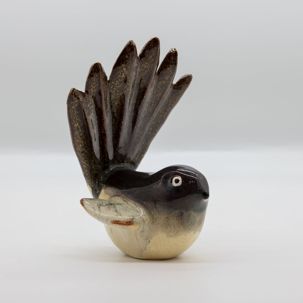 Handcrafted ceramic fantail bird sculpture, Cheeky Beaks collection