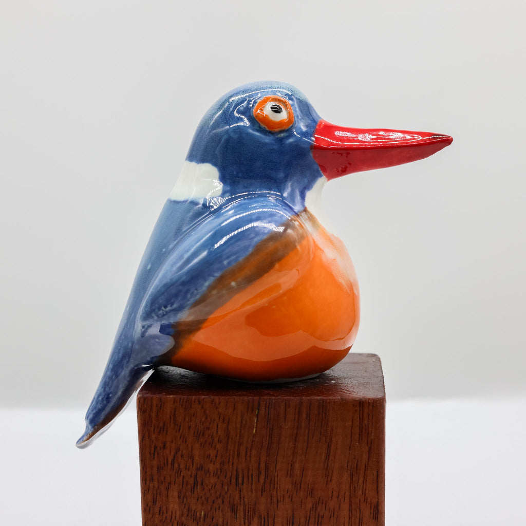 Handcrafted ceramic Malachite Kingfisher sculpture, Cheeky Beaks collection
