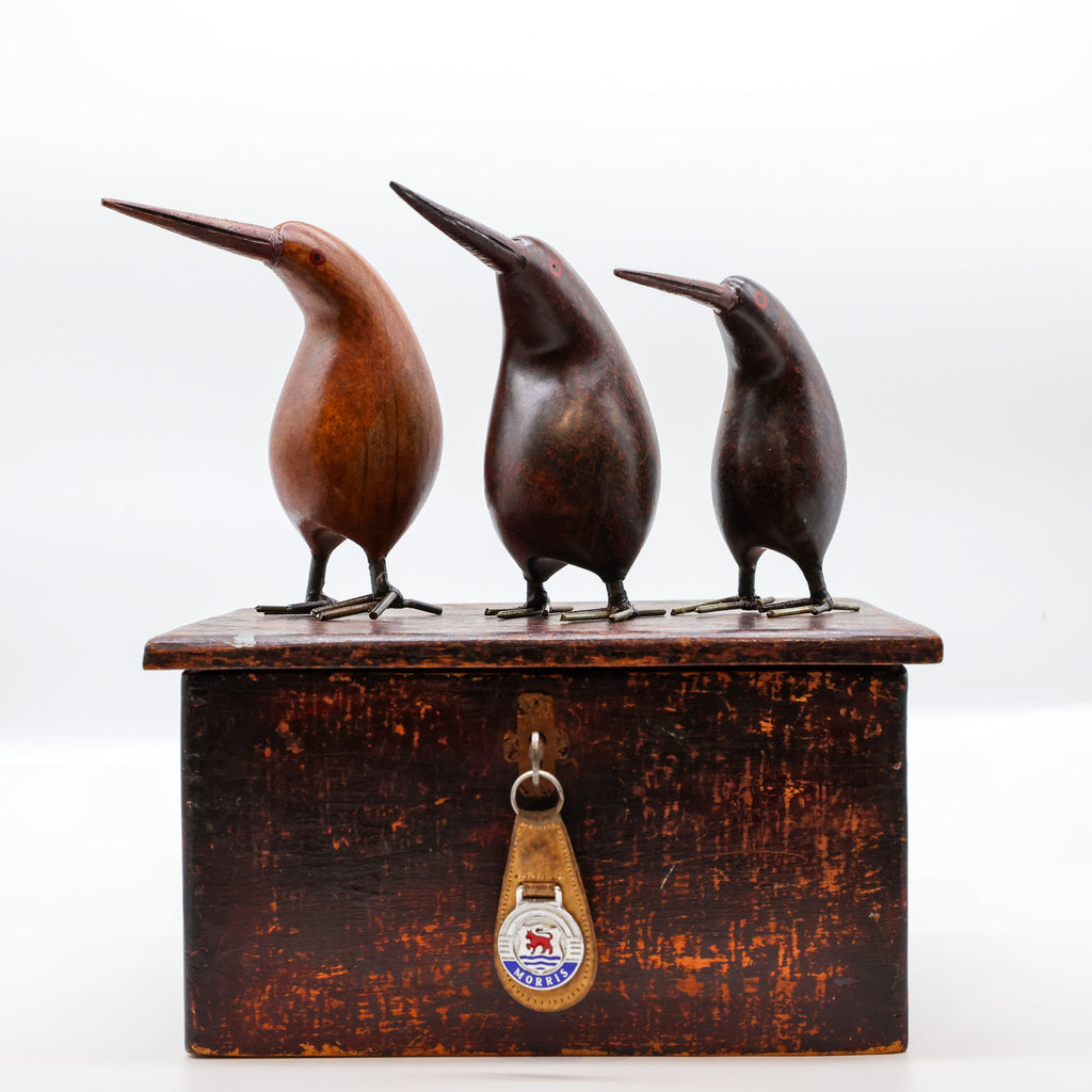 Stone Kiwi sculpture, alternate angle showing carved wooden beak and stone texture