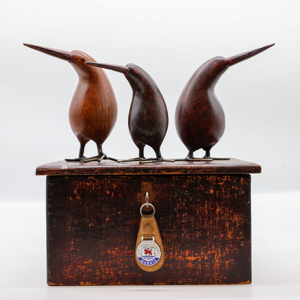 Stone Kiwi sculpture handcrafted in Arrowtown, New Zealand - brown serpentine with carved wooden beak