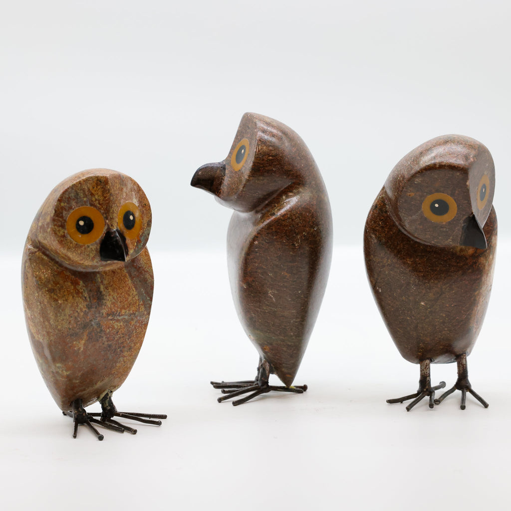 Stone Ruru sculpture front view, New Zealand native owl carving