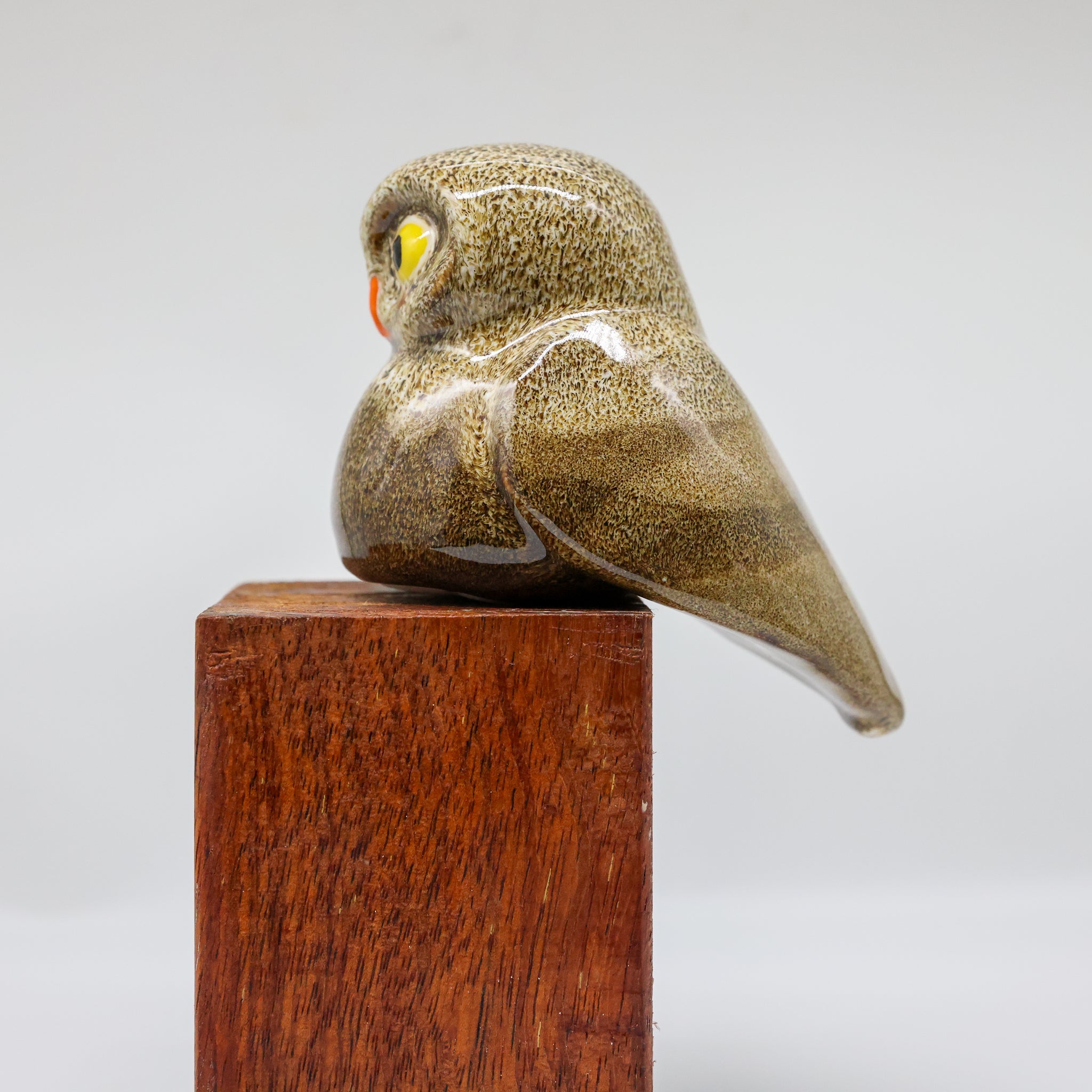 Ruru ceramic sculpture, alternate angle showing porcelain glaze